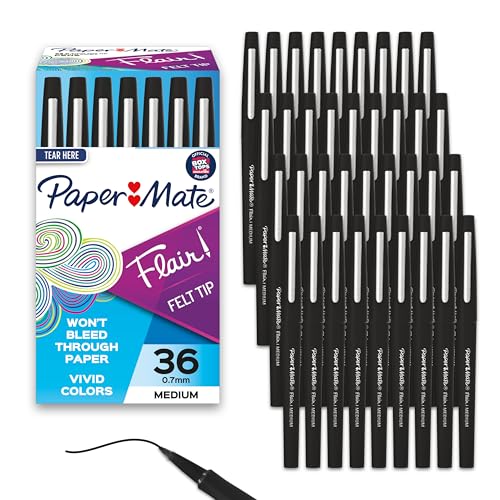 Paper Mate Flair Felt Tip Pens, Medium Point (0.7mm), Black, 36 Count - Office Supplies