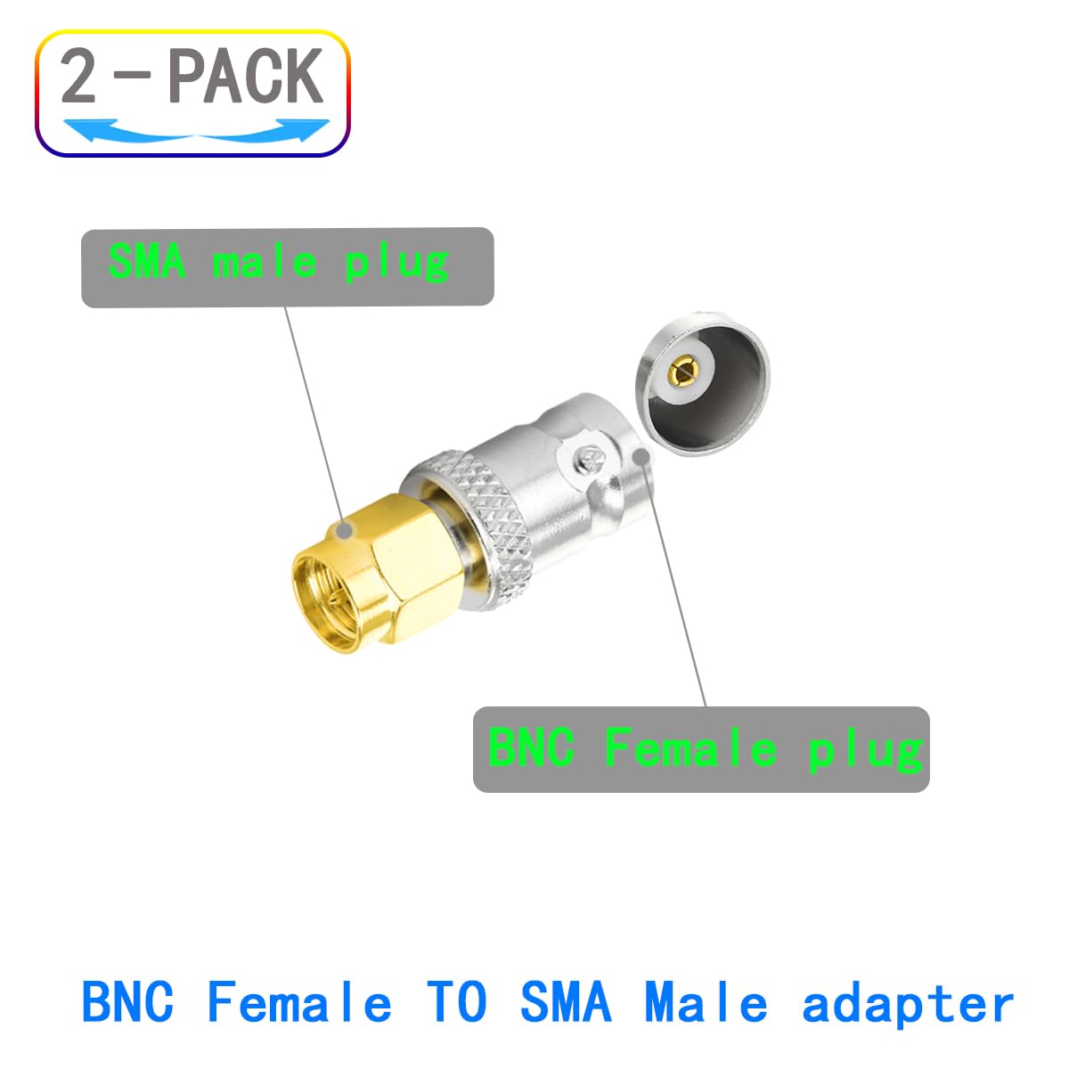 BNC Female to SMA Male RF Adapter, 0-3GHz, 50 Ohm Impedance, 2-Pack