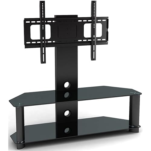 2xhome TV Stand Integrated TV Stand & Shelf Modern Black Glass Wall Swivel Tier Shelves Base Slim Fit Furniture 30" - 60" TV 38 40 42 43 47 50 55 60