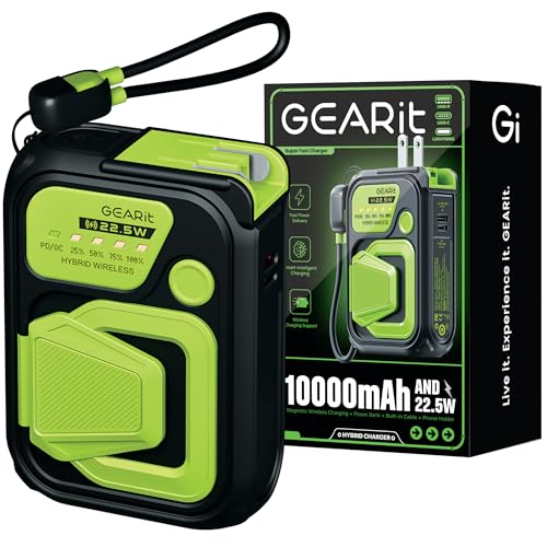 GEARit 3 in 1 10000mAh Magnetic Power Bank - Wireless Battery Pack with USB-C & Lightning Cables Fast Charging Portable Charger Compatible