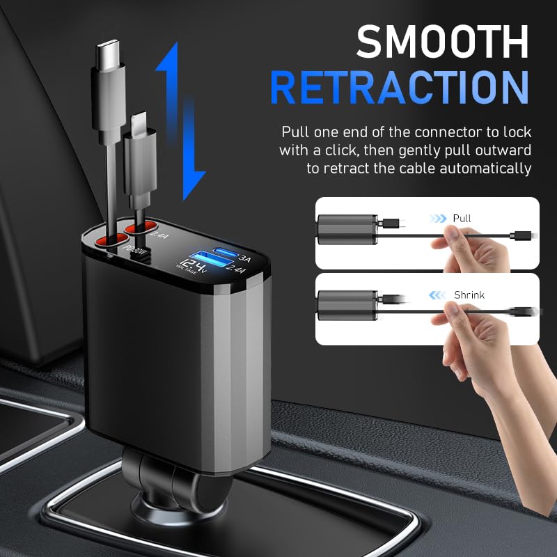 TICCI Retractable Car Charger 66W USB C Retractable with Cables, Car Phone Charger for iPhone 16/15/14 Android, Galaxy, Pixel, Car Accessories Fast