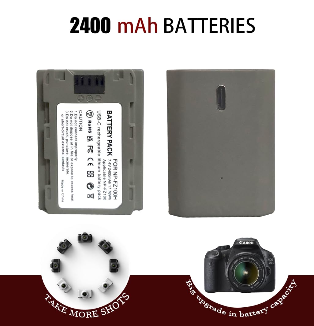 Focruzom NP-FZ100 2400mAh Replacement Battery for A7R V A7S III A7 IV, USB C Charging Cable, Compatible with ZV-E1, FX3, FX30, A1, A9,A9 II, A6600