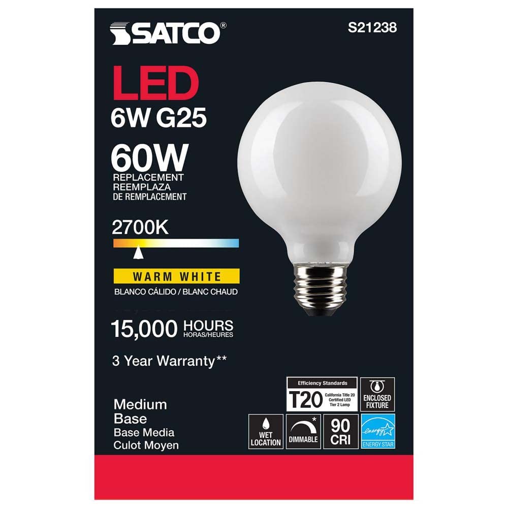 Satco 6-Watt LED E26 Light Bulb, 2700K, 15000 Hour Rating, Dimmable
