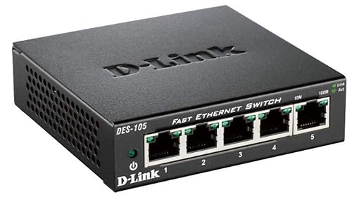 D-Link DES-105/B, Fast Ethernet Switch, 5 Port Unmanaged 10/100 Metal Fanless Desktop or Wall Mount Design