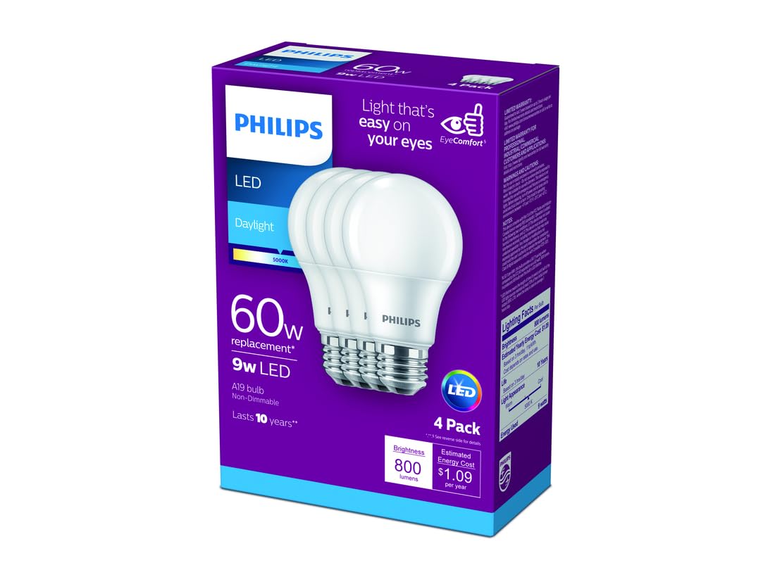 Philips 461137 8W=60W LED Daylight A19 Bulb 4Pk