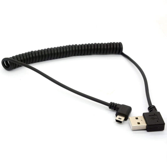 GLHONG Coiled Mini USB Cable, 90 Degree Spring USB 2.0 to Mini USB Cable Cord, Right Angle Charging and Sygn Mini USB Adapter Lead 1.5meter
