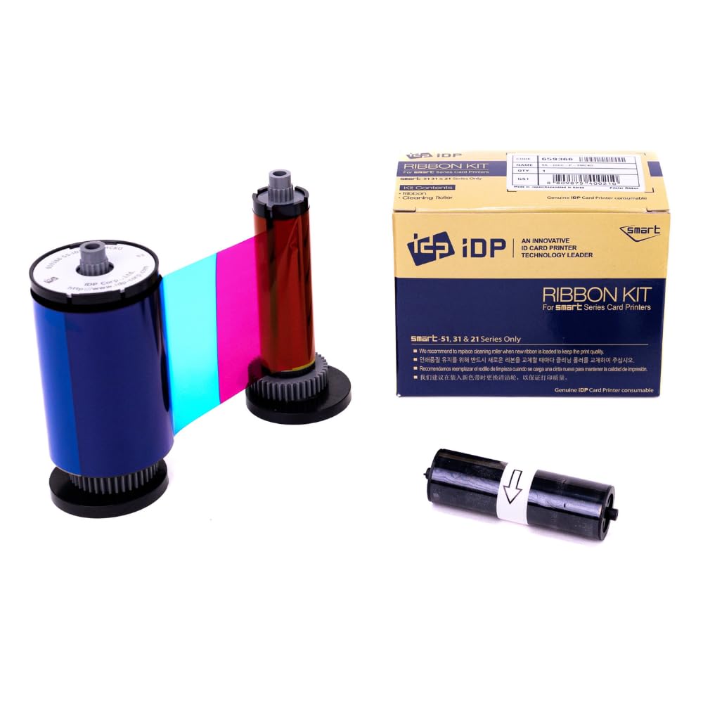 IDP Genuine SMART-31 and SMART-51 Series Card Printer Ribbon - YMCKO Color, Resin Black & Overlay Panel Ribbon w Cleaning Roller, 250 Cards/roll (Not
