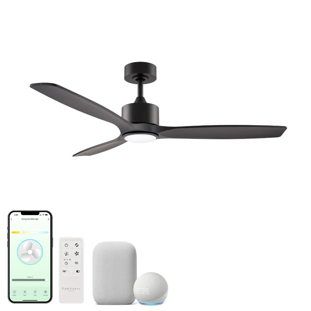 East Grove Home Madera 52in 3-Blade Smart Indoor or Outdoor Ceiling Fan 2700K-6000K CCT Tunable Range LED Light Kit in Matte Black with Ebony Solid