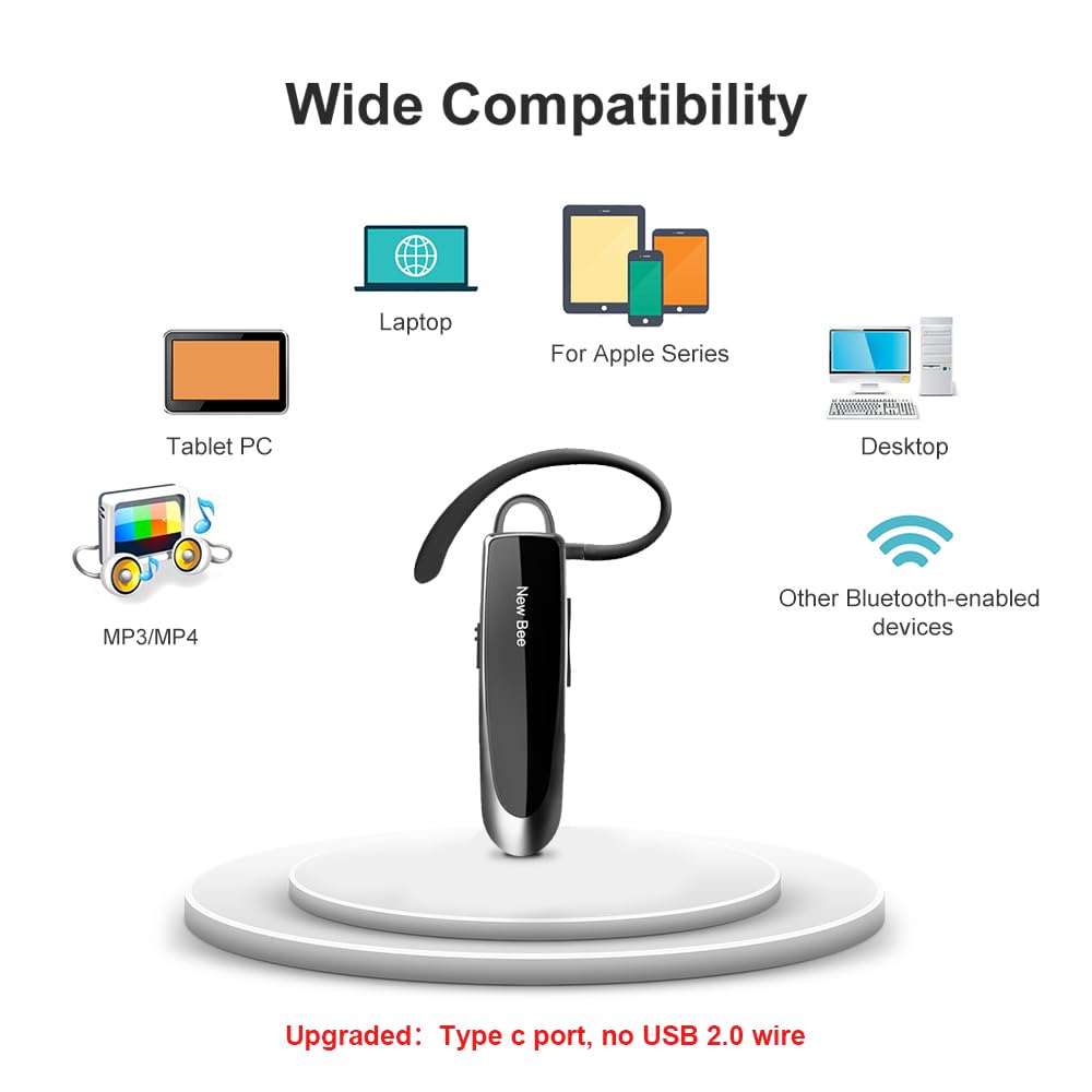 New Bee Bluetooth Earpiece V5.0 Wireless Handsfree Headset with Microphone 24 Hrs Driving Headset 60 Days Standby Time for iPhone Android Samsung