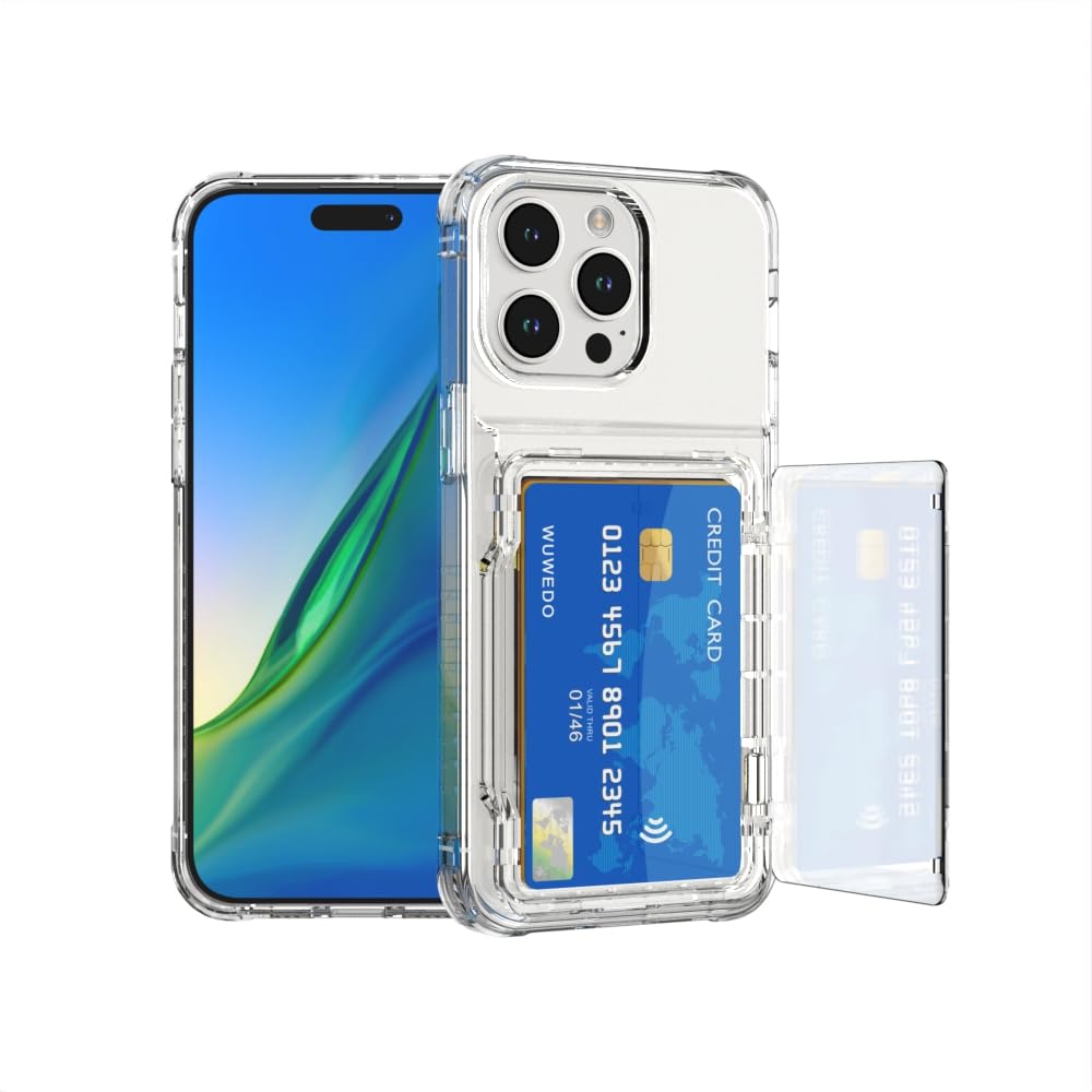 Wuwedo for iPhone 15 Pro Max Clear Wallet Case, Up to 4 Cards, Hybrid Protective Anti-Slip Case with Card Holder, TPU + PC, Anti-Yellowing, 6.7" 2023