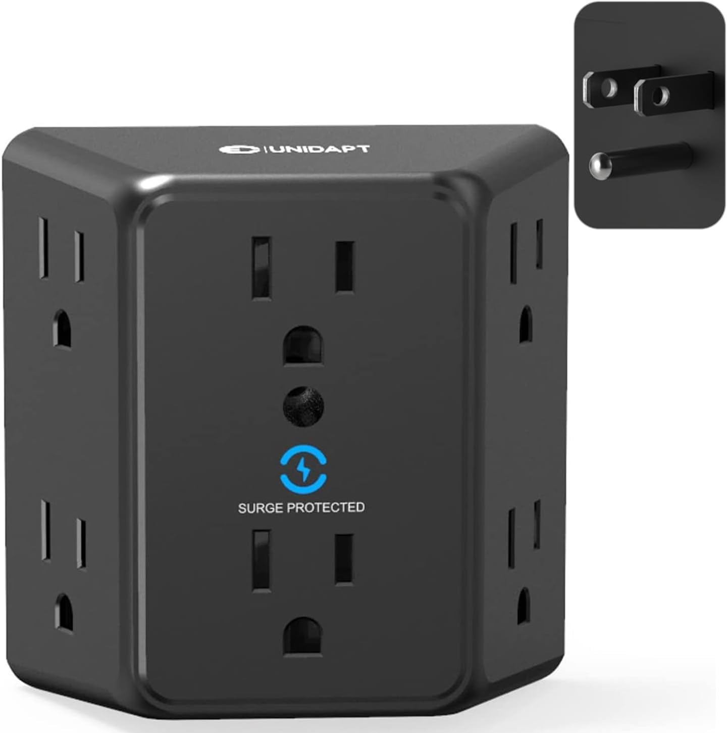 Multi Plug 6 Outlet Extender, Unidapt Black Surge Protector Wall Splitter, 900J Power Strip 3 Side Wide Spaced Adapter Multiple Charger Expander