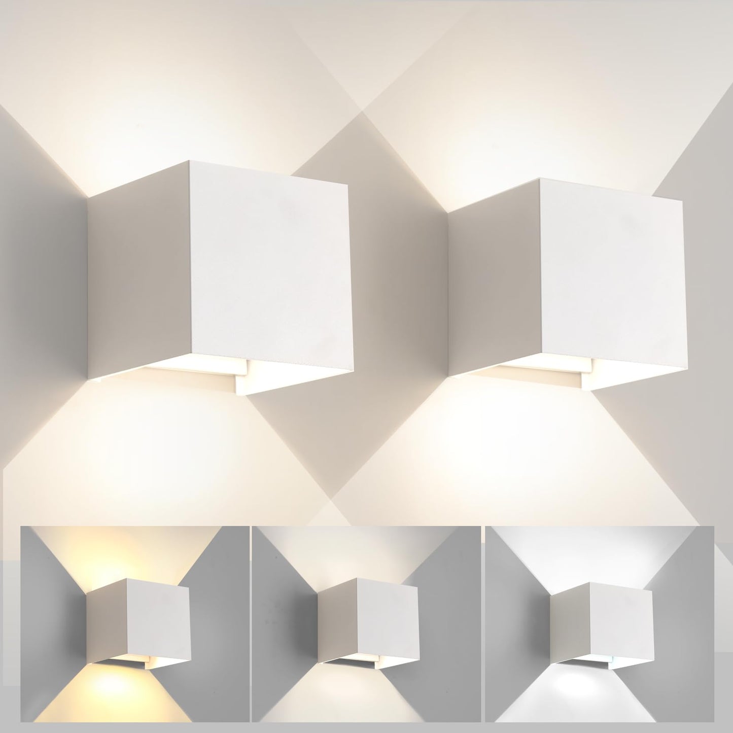 YCZM 2 Pack 3-Color Adjustable Modern Outdoor Wall Lights, 15W Square LED Exterior Wall Sconce, Up and Down Lighting Fixtures, IP65 Waterproof