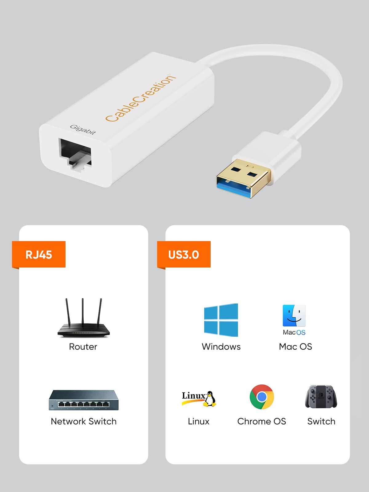 CableCreation USB 3.0 to Ethernet Adapter, USB to RJ45 Network Adapter Support 10/100/1000 Mbps Gigabit Compatible with Nintendo Switch, MacBook