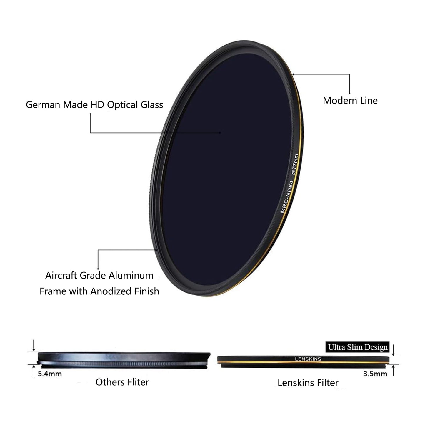LENSKINS 77mm ND64 Filter, 6 Stop Neutral Density Filter for Camera Lenses, 16-Layer Multi-Resistant Coated, German Optics Glass, Weather-Seal ND