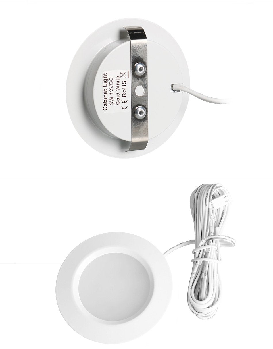 Getwefire Dimmable 2pcs/Lots recessed installtion 3w DC 12v led Puck/Under Cabinet Light. led Spotlight, Pure White or Warm White with 1pcs Connection