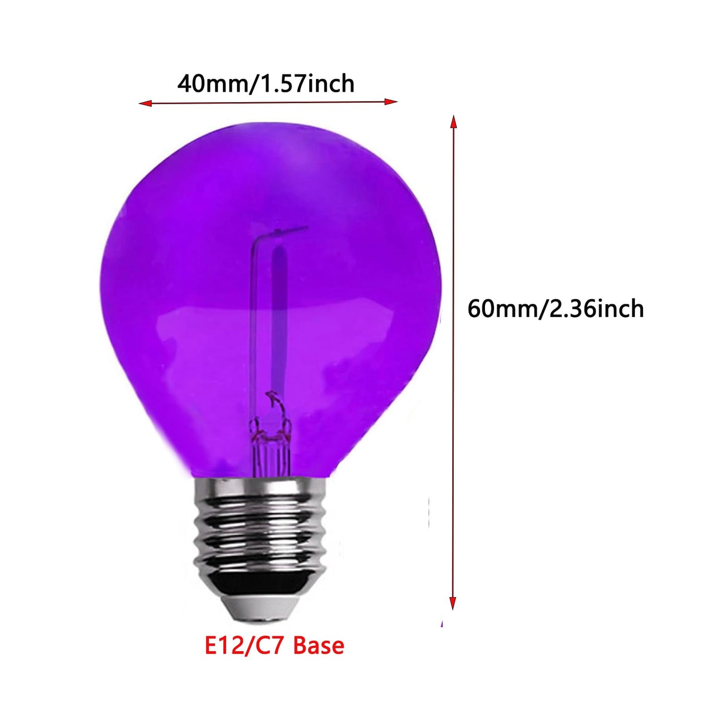 G40 Light Bulbs Replacement Purple 1W Shatterproof Plastic LED Globe Bulbs G40 LED String Lights Replacement Bulb E12/C7 Candelabra Base for Indoor