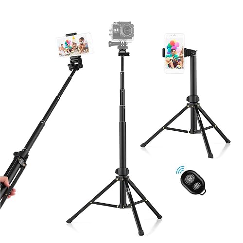 Andoer Selfie Stick Tripod 1.5m/59in Tripod Stand + Extendable Selfie Stick Aluminum Alloy with Phone Holder Remote Shutter Compatible with iPhone