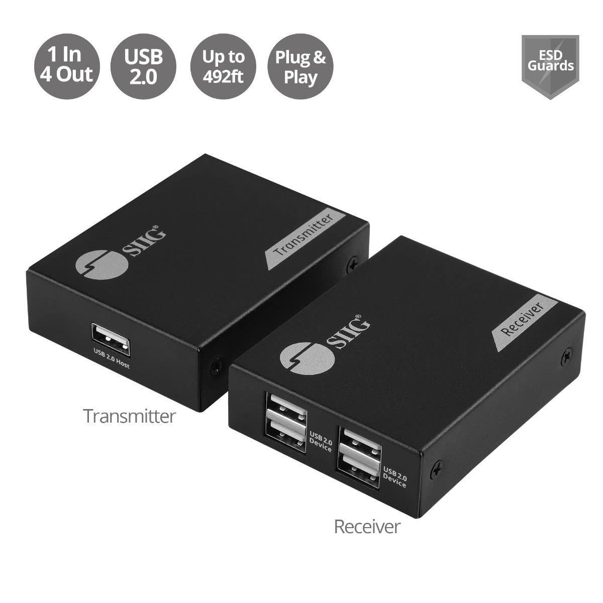 SIIG 4-Port USB 2.0 Extender 492ft Over Cat6/ 7 Cable, Cat5e Cable up to 330ft, Plug and Play, High Speed Transfer, for PC, Surveillance, Video