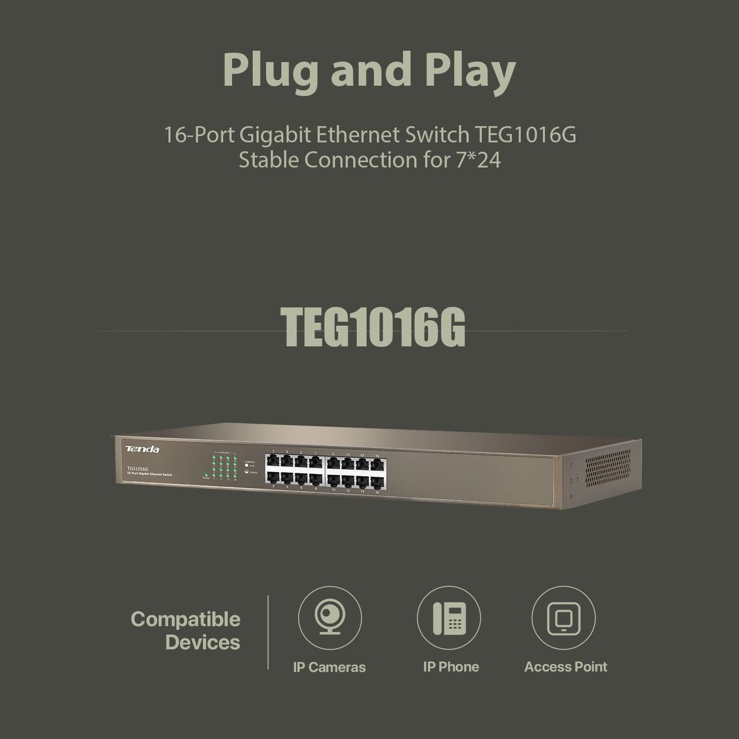 Tenda TEG1016G, 16 Port Gigabit Switch, Unmanaged Rackmount Ethernet Switch with Traffic Optimization, Plug & Play, Fanless Quiet & Metal Design