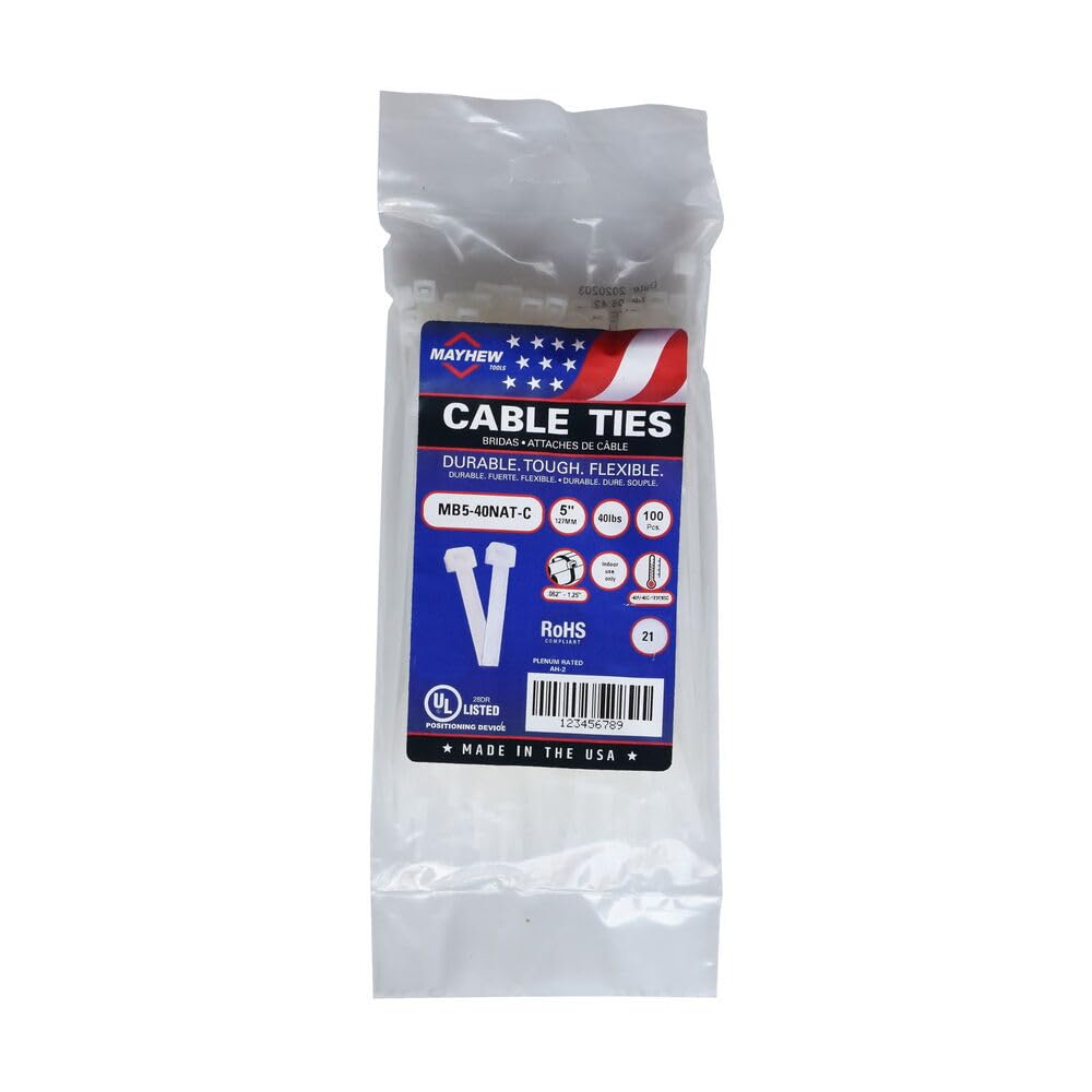 Mayhew Tools MB5-40NAT-C Nylon Cable Ties, 5" 40 lbs. Tensile Strength, 100-Pack, Natural
