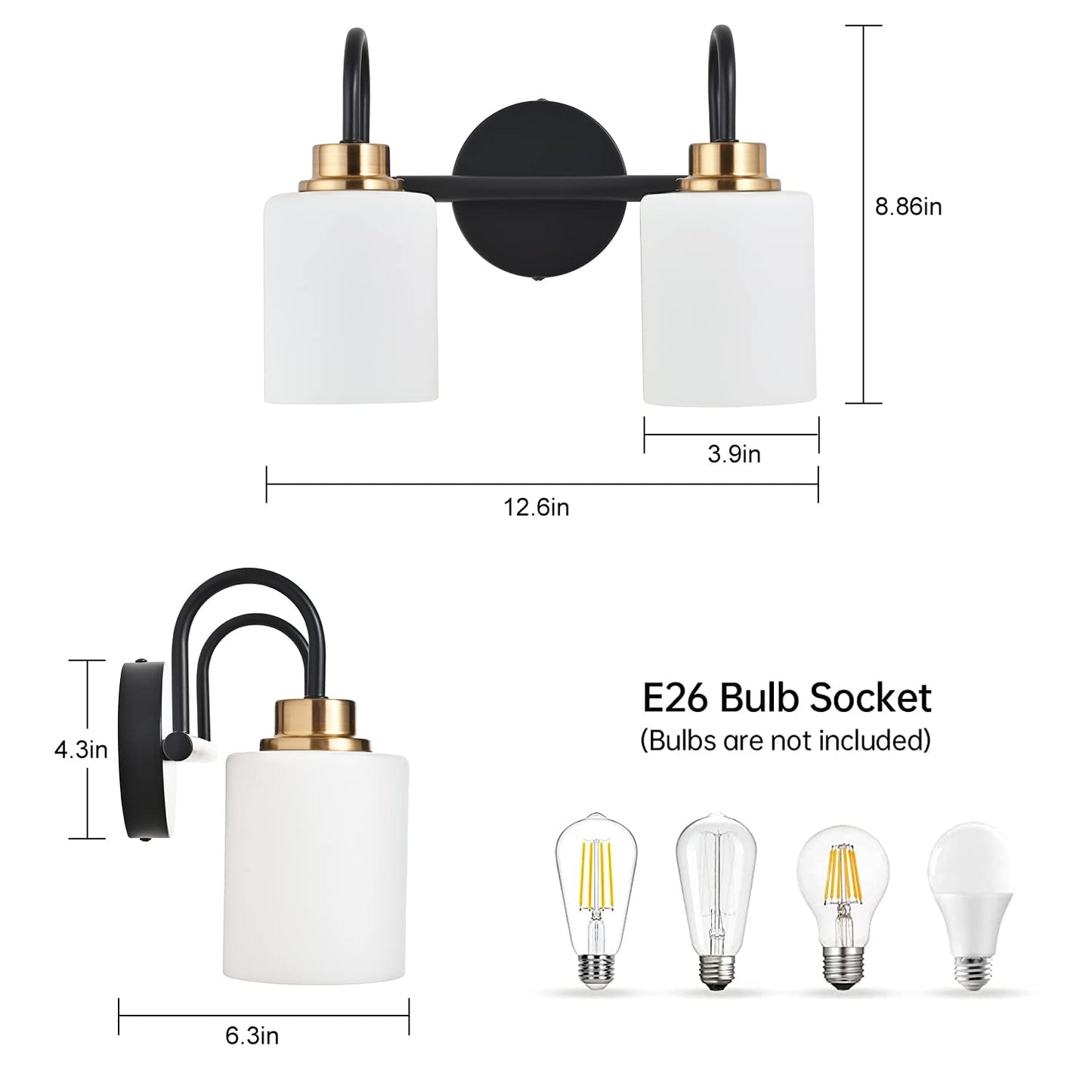 ZHUOER Modern Matte Black and Gold Bathroom Vanity Light Fixtures 2 Lights Milky Glass Wall Sconce Light Modern Vanity Lights Over Mirror(Exclude E26