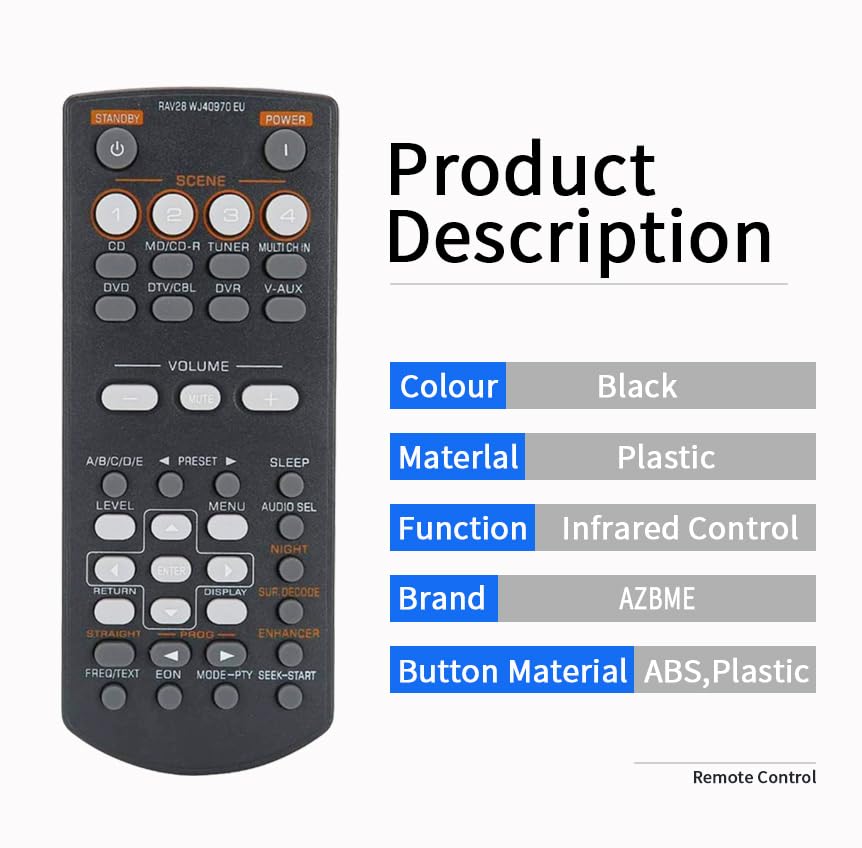 RAV28 WJ40970EU Replacement Remote Control for Yamaha Home Theater AV Receiver RAV34 RAV250 RX-V361 RX-V365 RX-V365BL RX-V363 RX-V463 HTR-6030