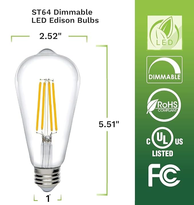 Bioluz Dimmable Edison Light Bulbs - 800 Lumen Soft White 3000K LED Replacement for Incandescent Light Bulbs - 6-Pack Vintage Soft White Light Bulbs
