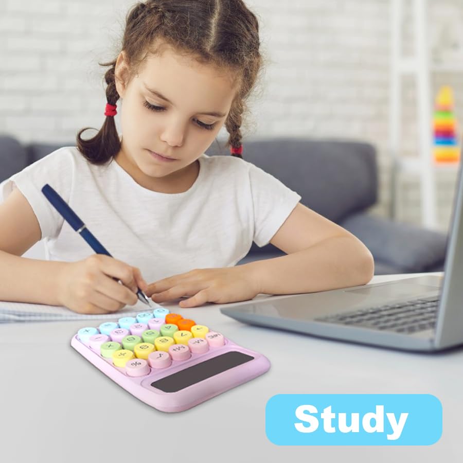 Pink Cute 12 Digit Large LCD Display Big Round Button Calculator - Office Desktop 15Tilt Screen for Kids (Blue)