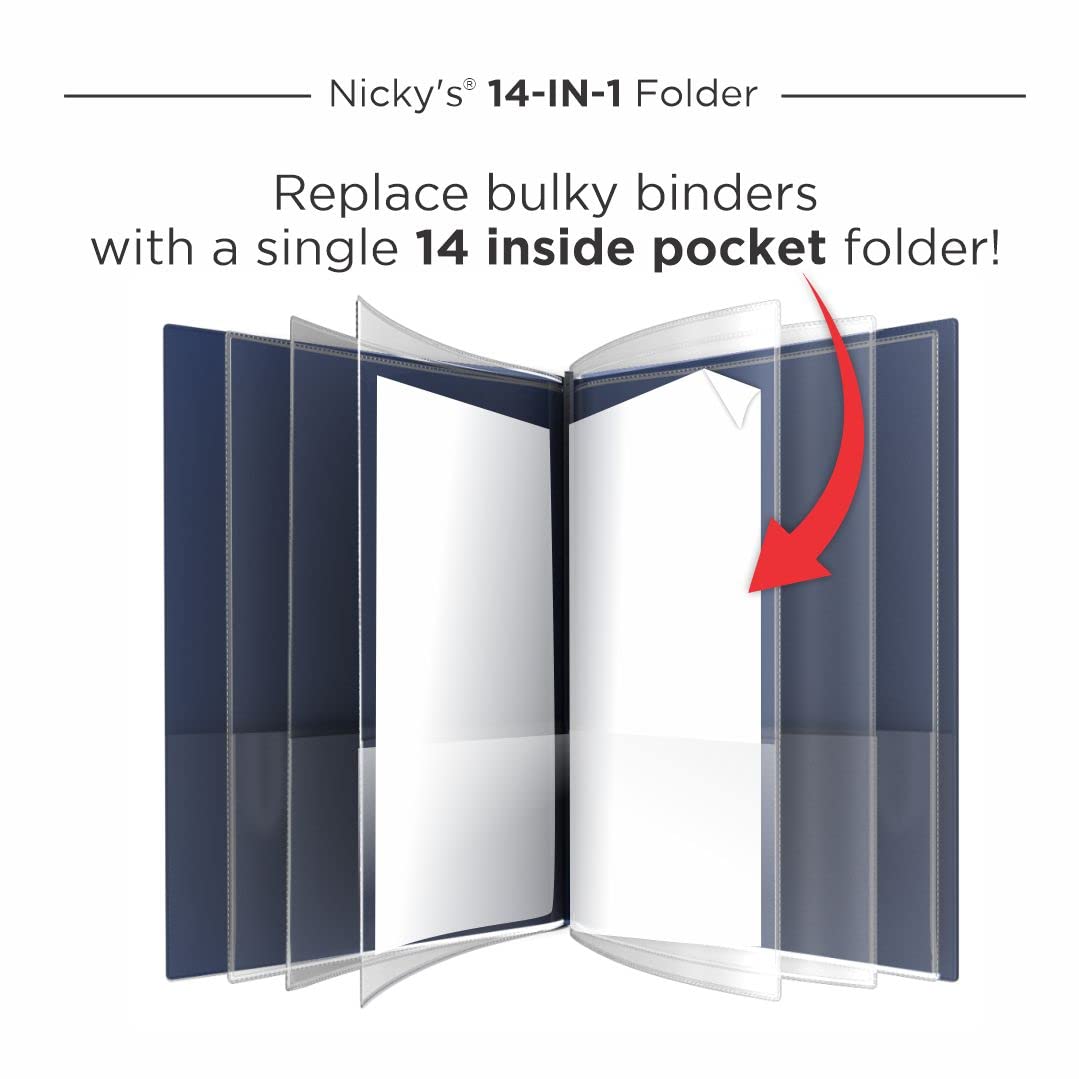 Nicky's® Multi Pocket Organizer, 10 or 14 Page Folder, Waterproof, Patented Tear-Resistant, Flexible Plastic, Proudly Made in USA, Binder Substitute