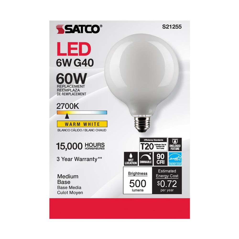 Satco S21255 6 Watt LED Light Bulbs G40 Globe White E26 Medium Base 2700K Warm White Dimmable 120V - (6 Pack)