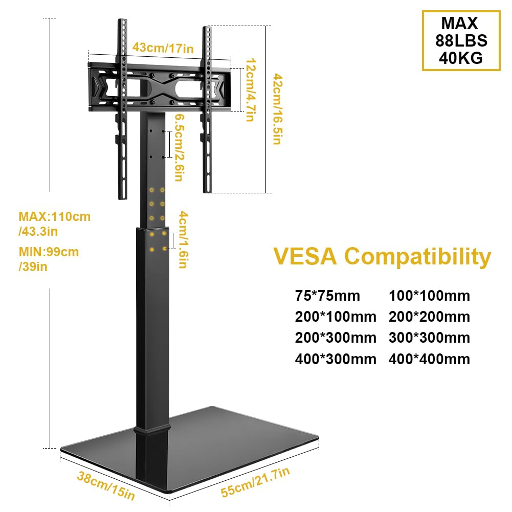 WKWKER Floor TV Stand for 27-65 inch LED Screen Adjustable TV Stand with Mount Swivel Floor Televisions Stand with Tempered Glass Base for Corner
