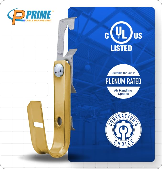 Prime Cable Management 3/4 Heavy Duty Metal Cable & Wire Support Batwing J-Hook Hangers with Bat Wing Clip for attaching ceiling wire & threaded rod