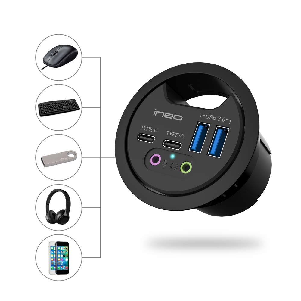 ineo Grommet Desk-Fit (Diameter 2.3" to 2.4") 2Type A + 2Type C with 3.5mm Audio Mic Jack + 3.2" Expandable case (Power is not Included)[THC06 - VI