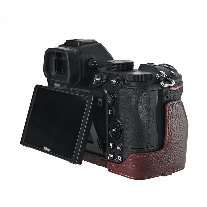 BMAOLLONGB Z6 II Case, Handmade Genuine Real Leather Half Camera Case Bag Cover for Nikon Z5/Z5 II/Z6/Z6 II Bottom Opening Version + Hand Strap