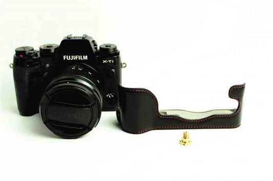 XT1 Case, BolinUS Handmade Genuine Real Leather Half Camera Case Bag Cover for Fujifilm Fuji X-T1 XT1 Opening Version + Hand Strap -Black