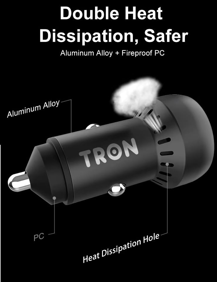 TRON 48W Car Charger, Dual Port Fast Charging, Overheat HeatProtection, QC3.0 18W & PD 3.0 30W, DC 12-24V Input, PC Fireproof Aluminum Alloy