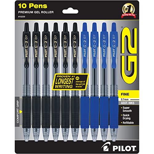 Pilot G2 Premium Refillable & Retractable Rolling Ball Gel Pens, Fine Point, 0.7 mm, 6 Black & 4 Blue Ink Pens, 10-Pack