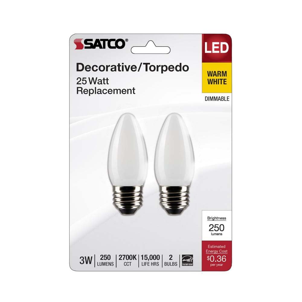 Satco S21833 3 Watt B11 LED Bulb, Frosted, Medium Base, 2700K, 250 Lumens, 120 Volt, 2-Pack
