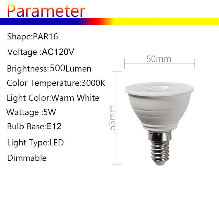 PAR16 E12 LED Bulb 5W Dimmable, 4-PACK Chandelier Short Neck Recessed Spotlight Light Bulb,500LM 50W Equivalent,No Flicker Mini Short Light Bulbs