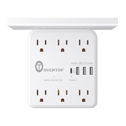 Overtop Power Charger with Shelf, Wall Outlet Extender Surge Protector with 6 AC Outlets, 4 USB Ports(1 USB C) Plug Expander Charger Shelf