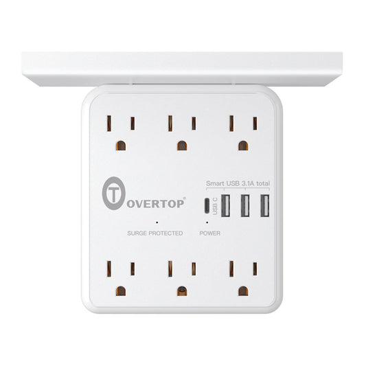 Overtop Power Charger with Shelf, Wall Outlet Extender Surge Protector with 6 AC Outlets, 4 USB Ports(1 USB C) Plug Expander Charger Shelf