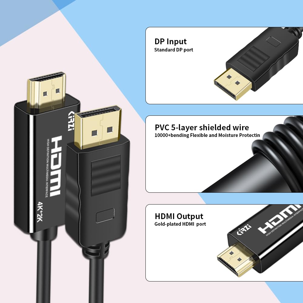 Kirzi 4k DisplayPort (Sources) to HDMI (Display) Cable, Uni-Directional DP to HDMI Cord Compatible for DP Source to HDMI Display (15ft)