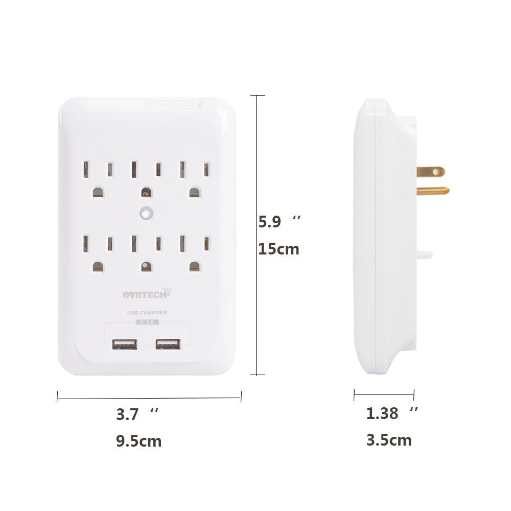 OviiTech Multi-Function Wall Mount Adapter, Surge Protector Charging Station, Dual 3.1AMP USB Charging Ports,6 AC Socket Outlet Plugs,White