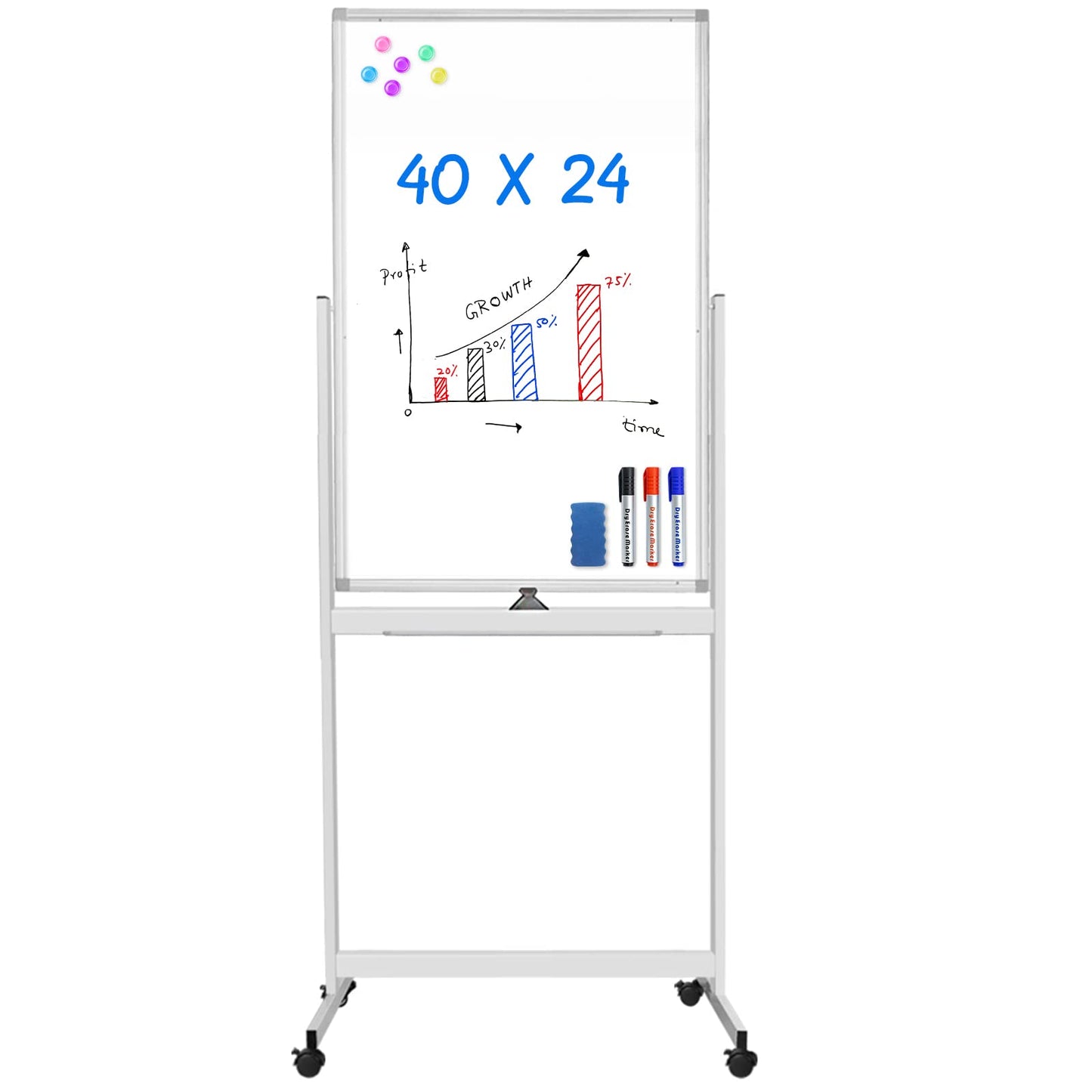 Magnetic Mobile White Board, 40 x 24 Double Sided Dry Erase Board Rolling Whiteboard Aluminum Frame Standing Whiteboard on Wheels
