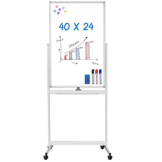 Magnetic Mobile White Board, 40 x 24 Double Sided Dry Erase Board Rolling Whiteboard Aluminum Frame Standing Whiteboard on Wheels