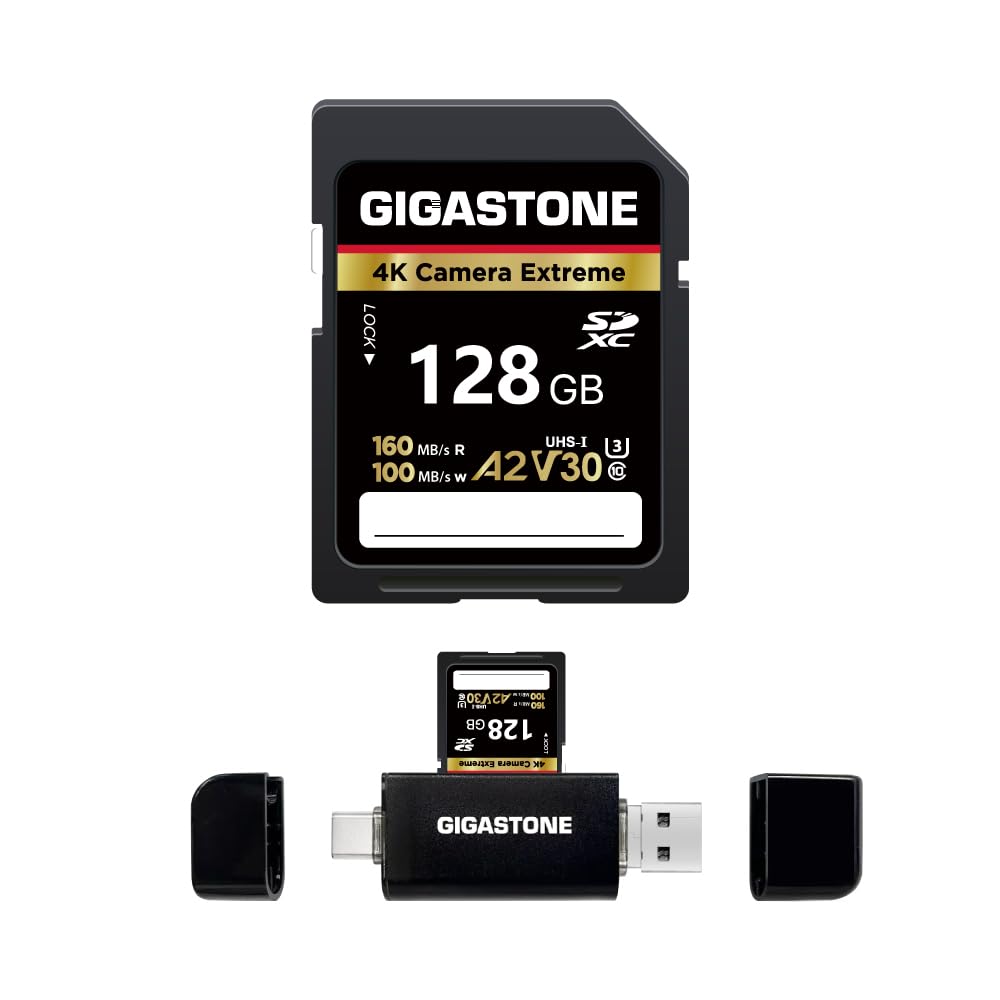 ?5-Years Data Recovery? GIGASTONE 128GB SD Card with USB Type C Card Reader, 4K Camera Extreme, A2 V30 U3 C10 SDXC Memory Card High Speed, Compatible