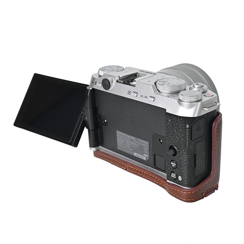 BMAOLLONGB X-M5 Case, Handmade Genuine Real Leather Half Camera Case Bag Cover for Fujifilm X-M5 Bottom Opening Version + Neck Strap (Coffee)
