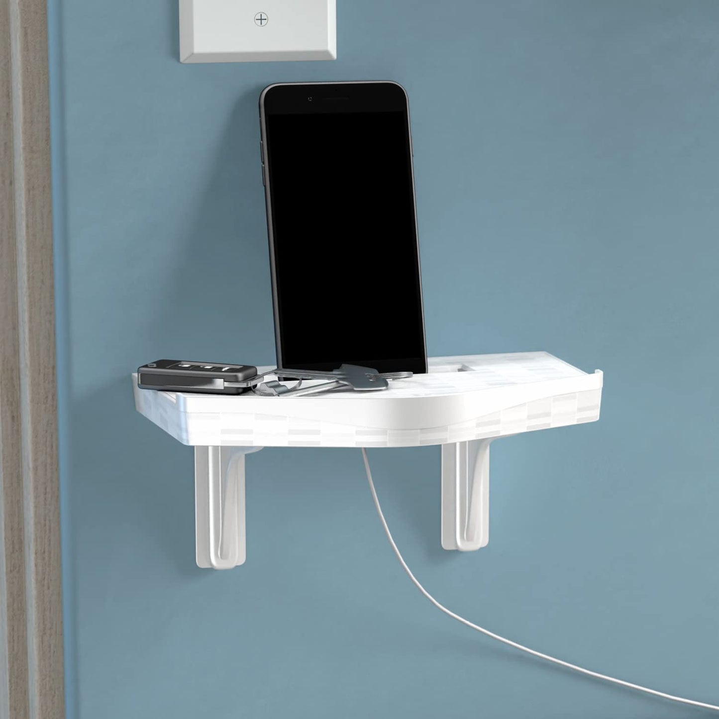 D-Line 1-Shelf Modern White Wall Mount Outlet Shelf for Horizontal & Vertical Outlets, Echo Dot Socket Shelf, Smart Phone Perch, Built in Cable