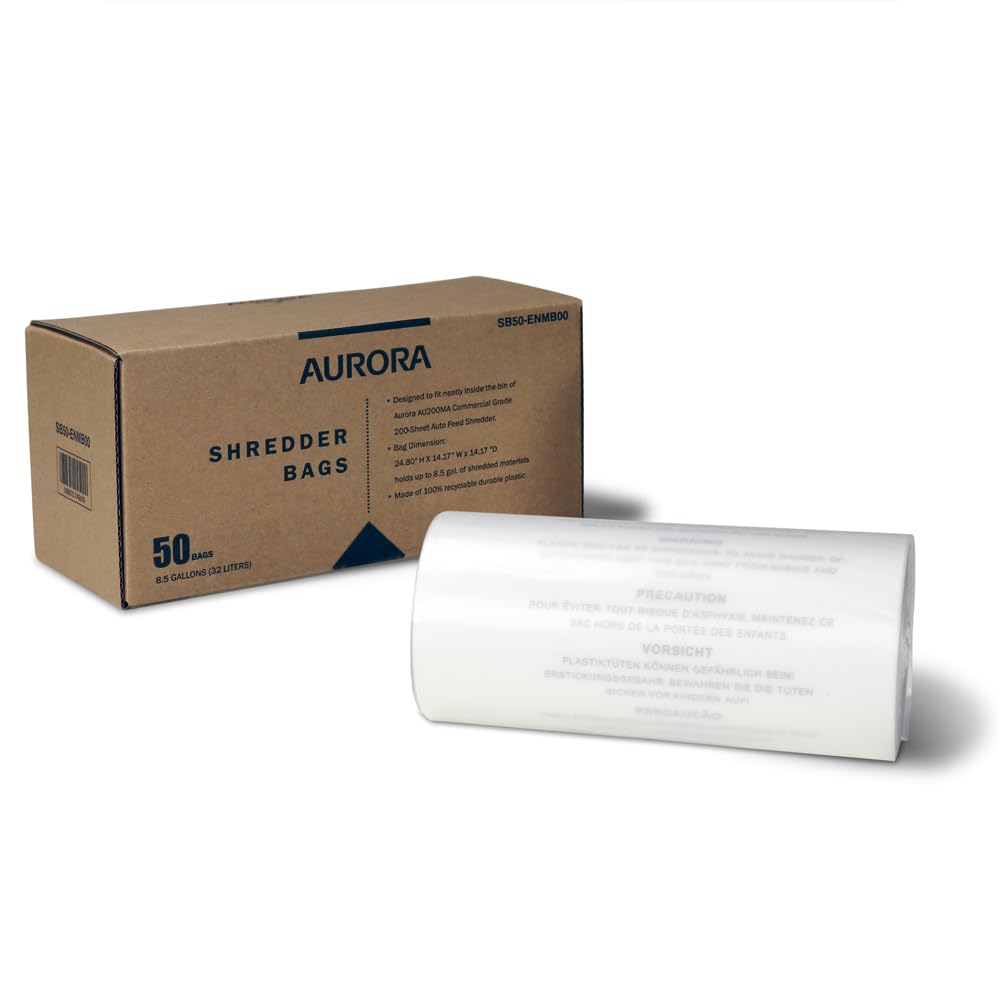 Aurora SB50 Shredder Bags, Design for Aurora AU200MA and AU220MB auto feed shredders, Hold up to 8.5 Gallon of shredded materials, 1 Roll of 50 Bags