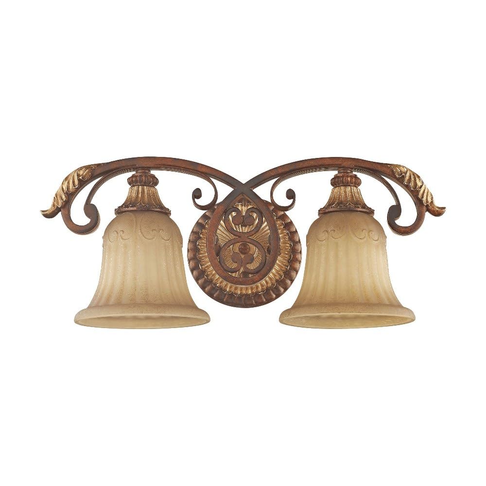 Livex Lighting 8552-63 Villa Verona 2 Light Verona Bronze Finish Vanity Bath with Aged Gold Leaf Accents and Rustic Art Glass
